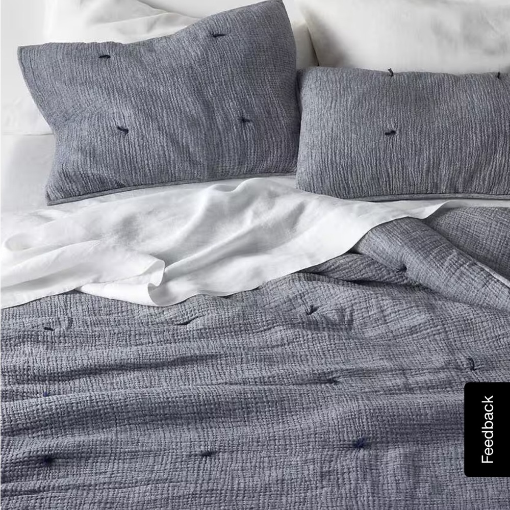 Crate & Barrel Aire Crinkle Cotton Linen Blend Indigo King Comforter and shams